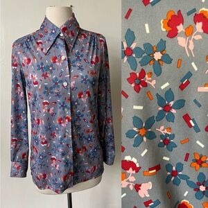 Vintage Butterfly Collar Neon Floral Blouse 1970’s Disco Top 70’s Boho Top